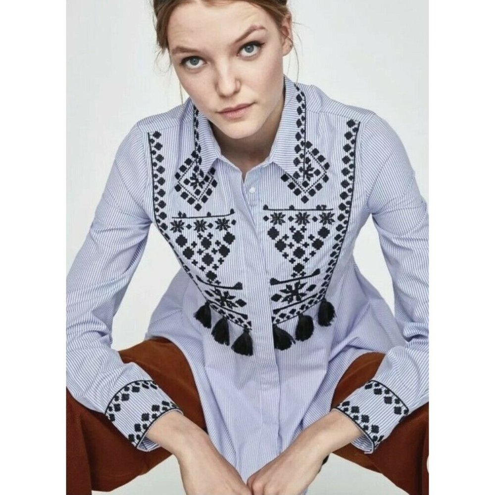 ZARA WOMAN sz SMALL Oxford Blue White Stripe Button Embroidery Tassels